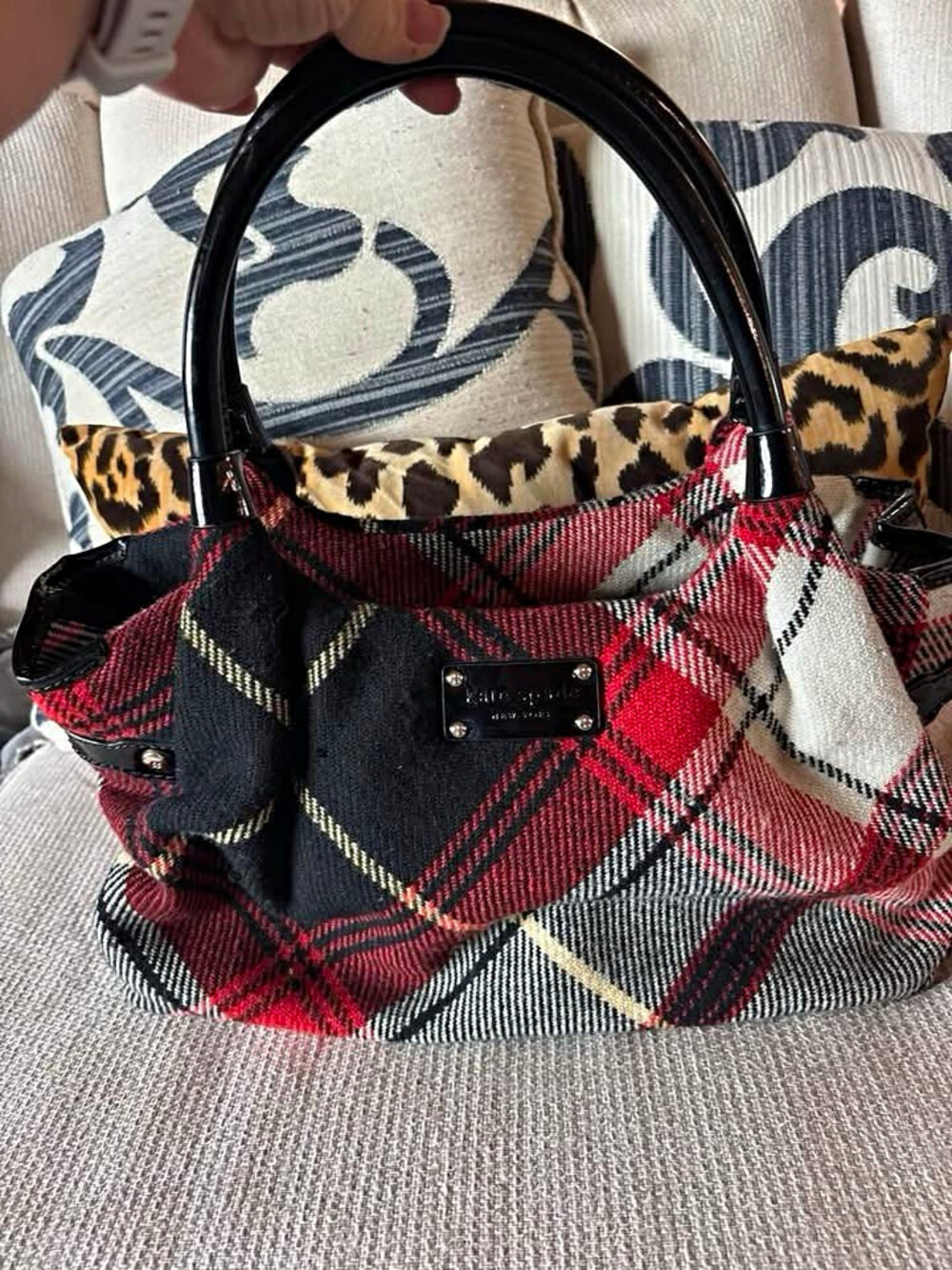 Kate Spade Plaid Satchel Top Handle Zip Bag Patent Trim Red/Black Silver